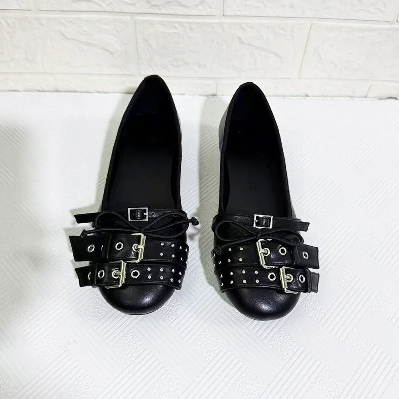 Women's Studded Buckle Round-Toe Flats 03-Black