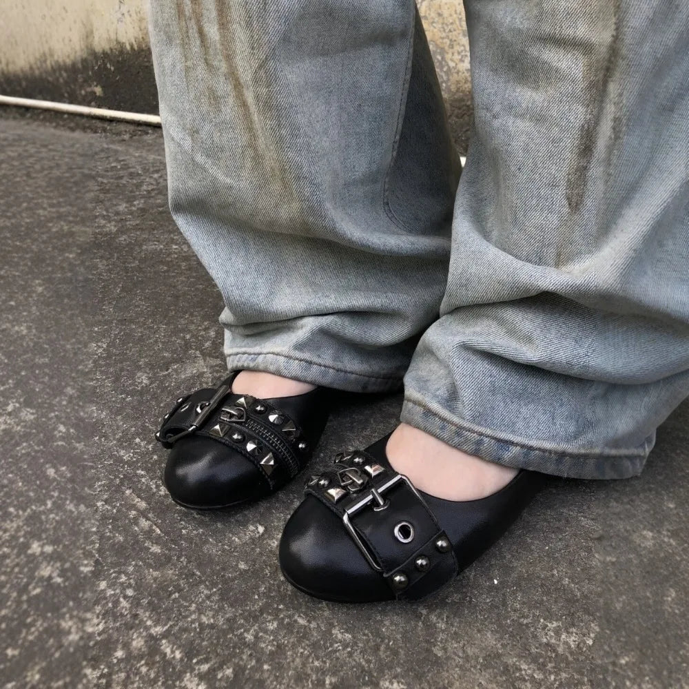 Women's Studded Buckle Round-Toe Flats