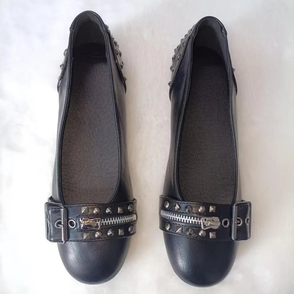 Women's Studded Buckle Round-Toe Flats 01-Black
