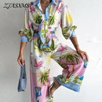 Women's Tropical-Print Shirt & Wide-Leg Pants Set