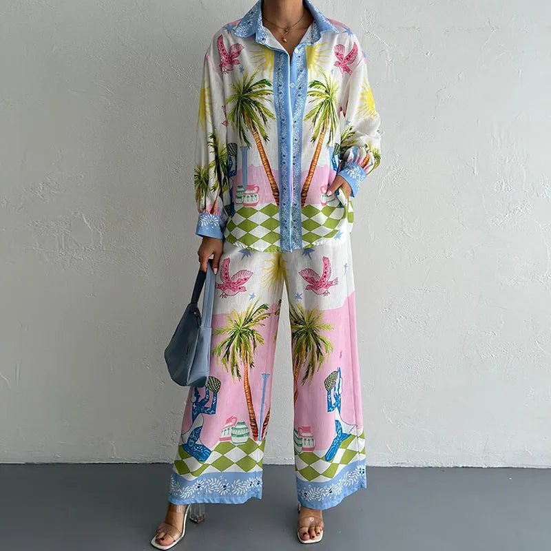 Women's Tropical-Print Shirt & Wide-Leg Pants Set Pink