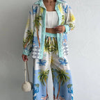 Women's Tropical-Print Shirt & Wide-Leg Pants Set