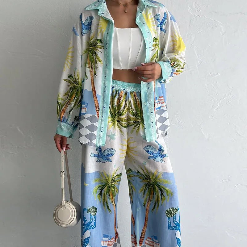 Women's Tropical-Print Shirt & Wide-Leg Pants Set