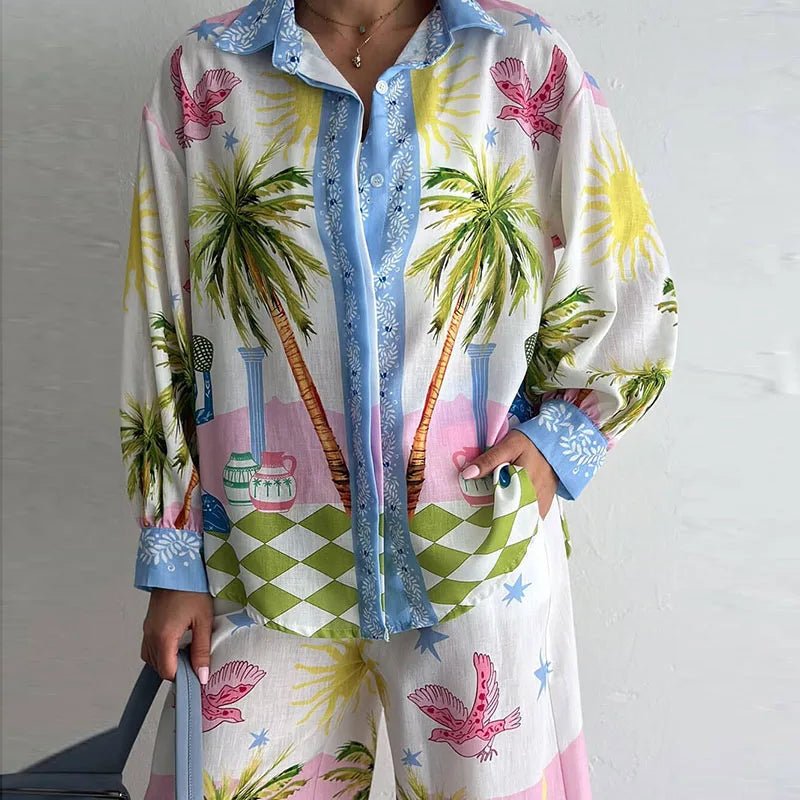 Women's Tropical-Print Shirt & Wide-Leg Pants Set
