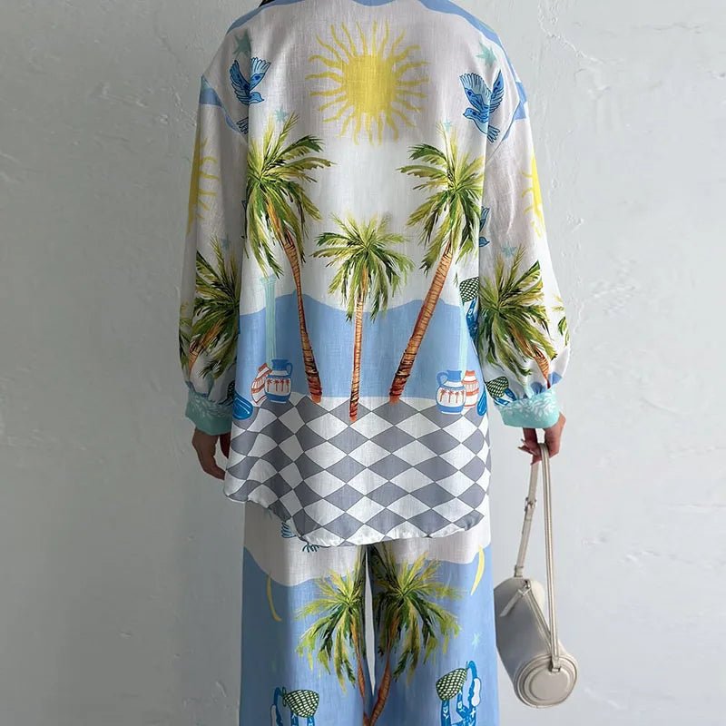 Women's Tropical-Print Shirt & Wide-Leg Pants Set