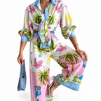 Women's Tropical-Print Shirt & Wide-Leg Pants Set