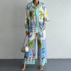 Women's Tropical-Print Shirt & Wide-Leg Pants Set Blue