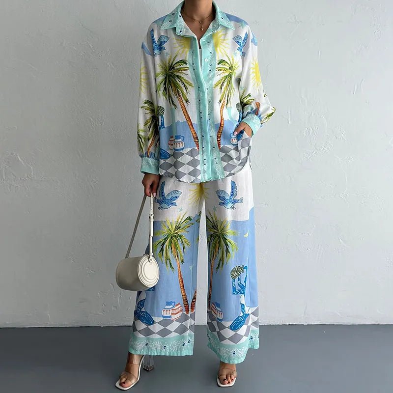 Women's Tropical-Print Shirt & Wide-Leg Pants Set Blue
