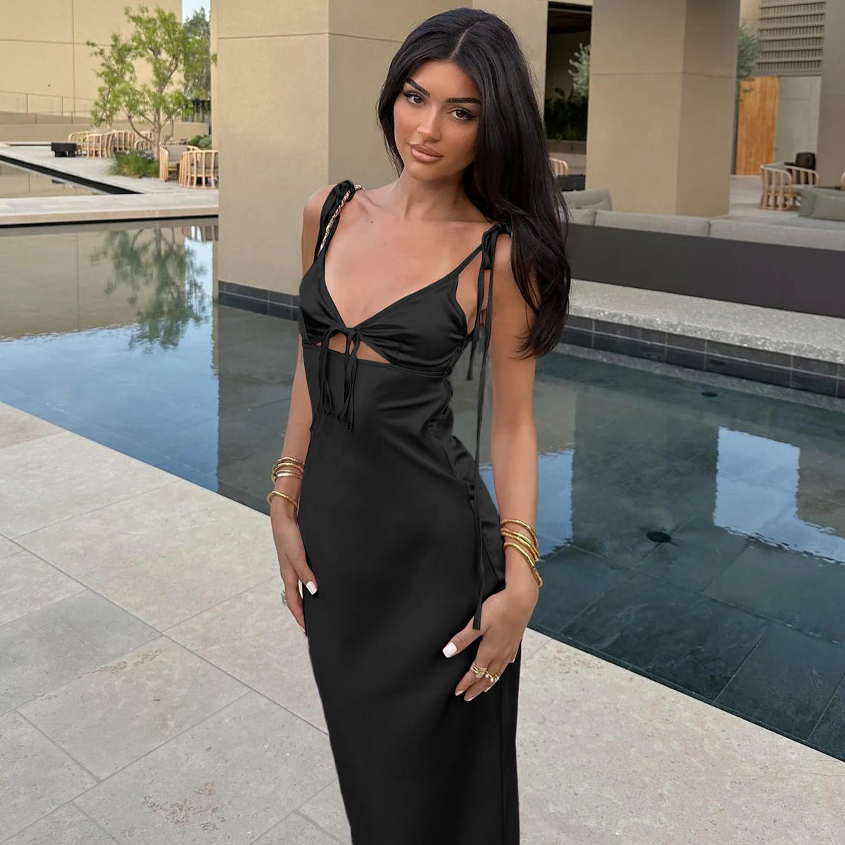 Women's V-Neck Tie-Front Cutout Dress Black