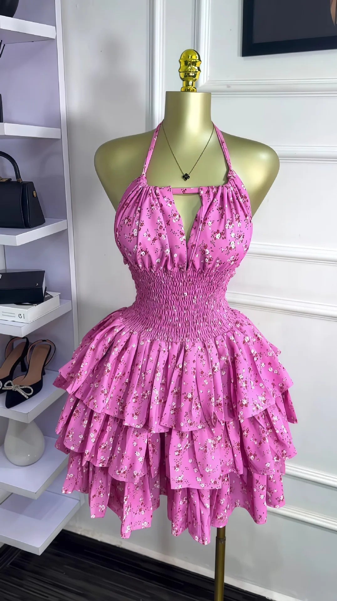 Yaya Floral Printed Dress Halter Neck Pink